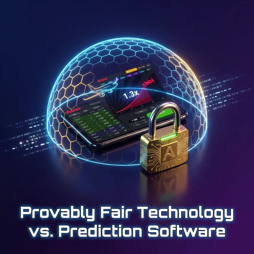 Diagram comparing Provably Fair technology's cryptographic security with prediction software's statistical analysis methods